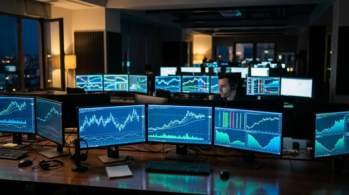 Bitcoin trading desk with market analysis screens showing economic data charts