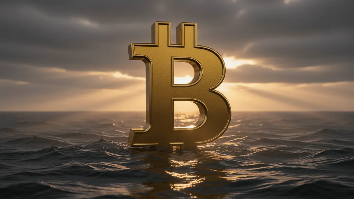 Bitcoin symbol emerging from dark waters toward breaking dawn light representing bear market recovery