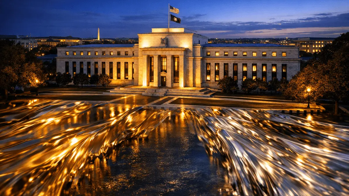 Federal Reserve building with flowing metallic liquidity streams representing Treasury cash reserve impact