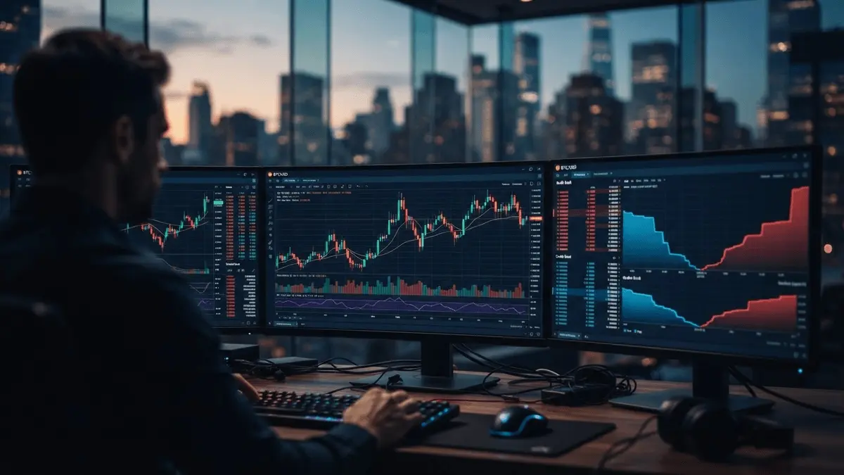 Modern crypto trading platform with BTC charts and order books in professional trading environment
