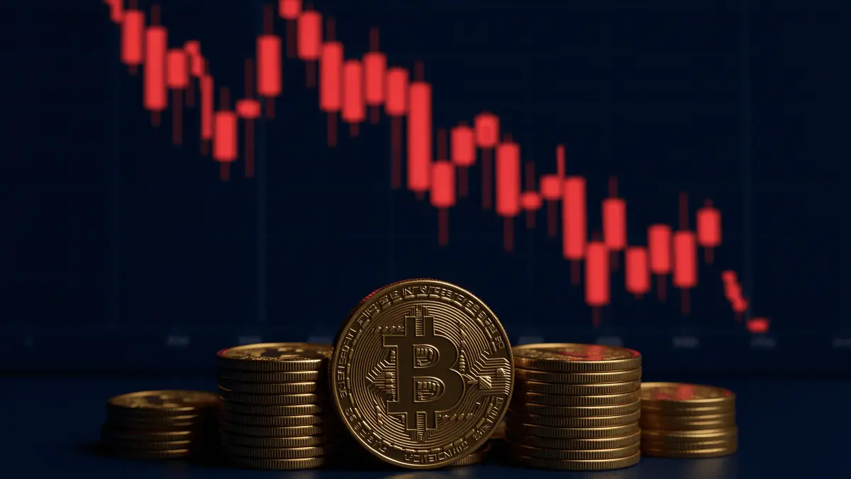 Bitcoin coins with declining price chart showing bearish market trend and support levels