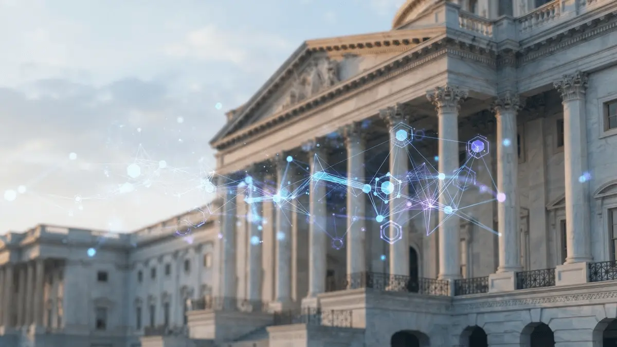 Blockchain network visualization floating before government building representing DeFi regulation debate