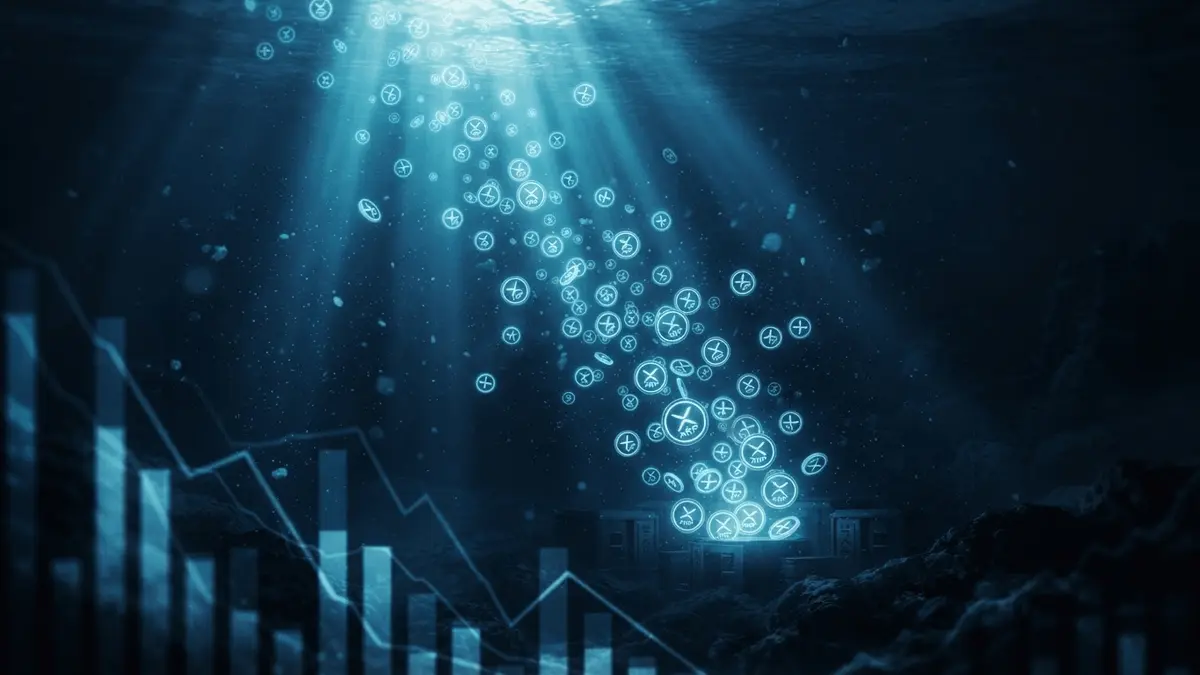 XRP coins accumulating in deep ocean depths with declining data visualization representing exchange reserves