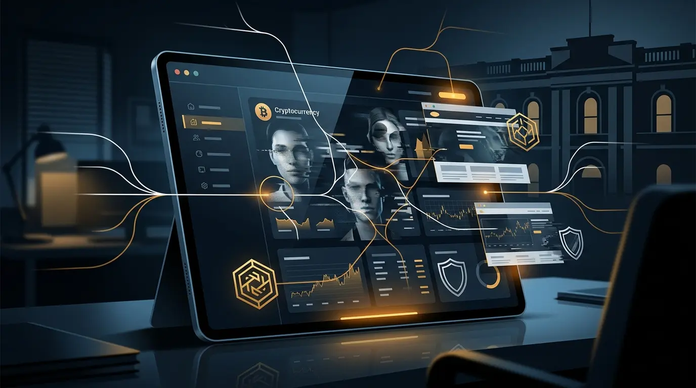 AI-generated crypto scam network with deceptive investment screens and digital warning signals