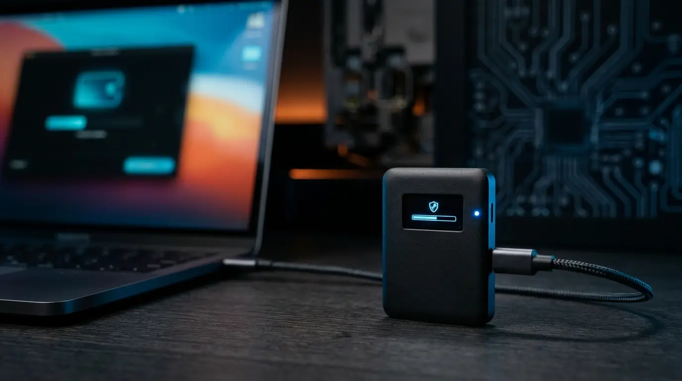 Black hardware wallet receiving a firmware security update in a dark editorial setting