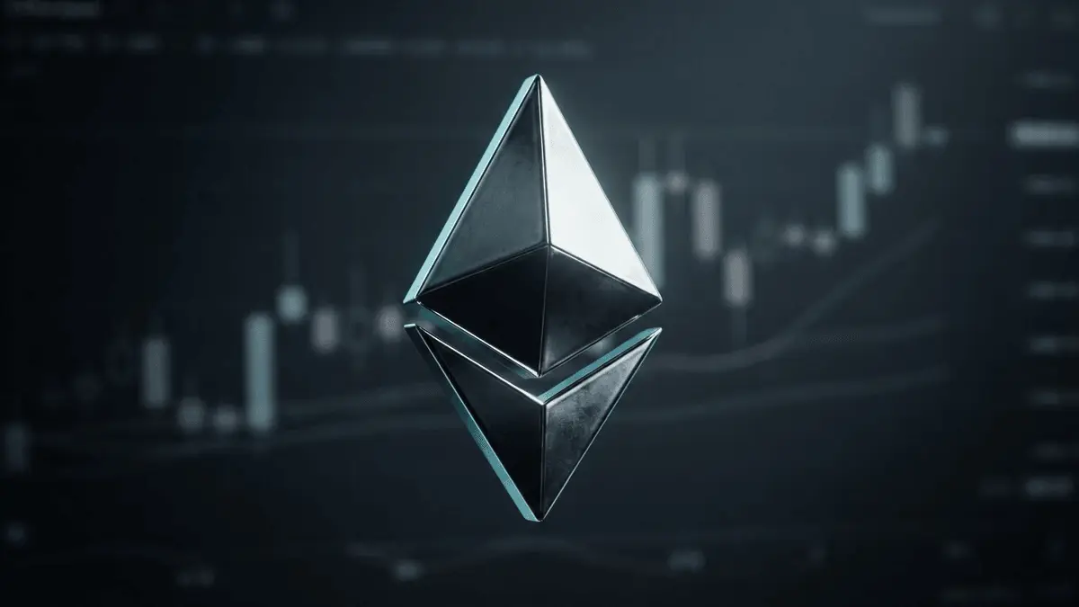 Ethereum logo in metallic chrome against financial chart background representing ETH price analysis