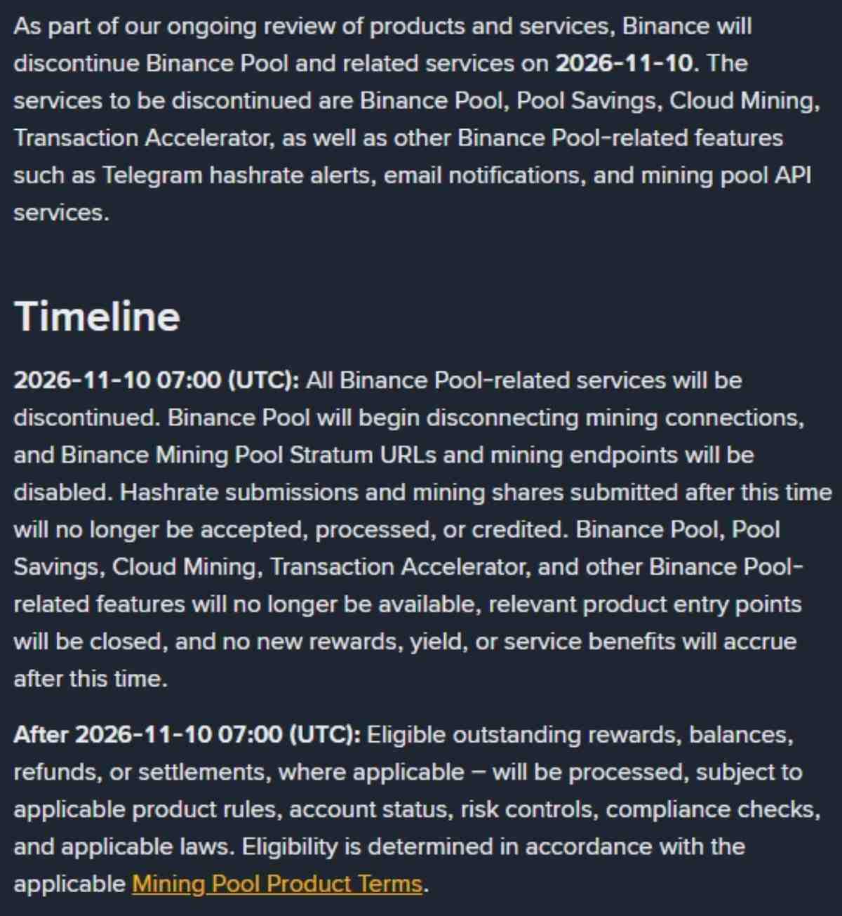 Binance Pool fermera le 10 novembre 2026, mettant fin aux services de minage et exigeant que les mineurs déplacent leur équipement avant la désactivation des connexions.