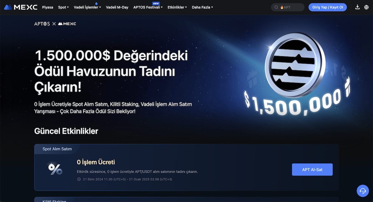 MEXC'nin Yeni Aptos Promosyonuyla; Sıfır Ücret, 1.5 Milyon Dolar Ödül ve Kilitli Tasarruf Fırsatlarını Keşfedin