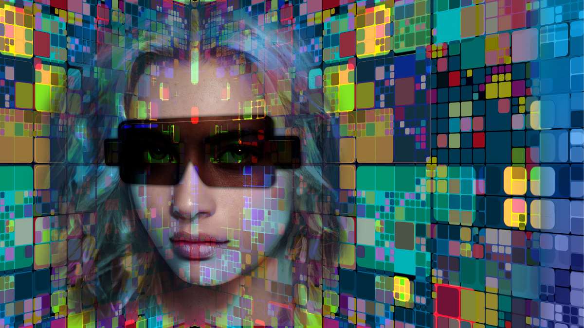 黒いVRグラスをつけている女性と虹色のメタバース世界