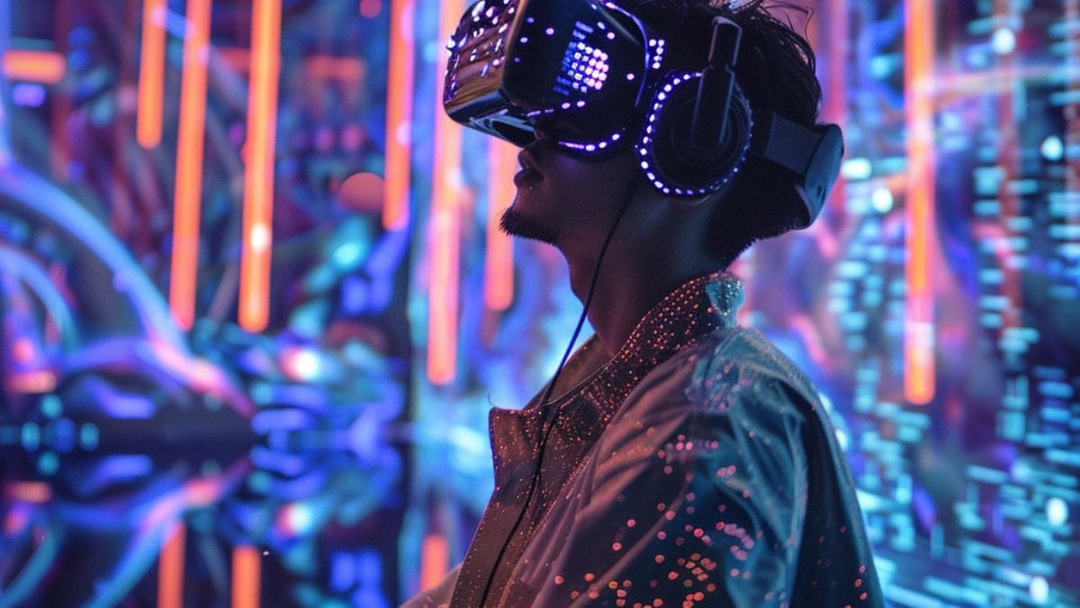 メタバース世界にvrを使って入っている男性