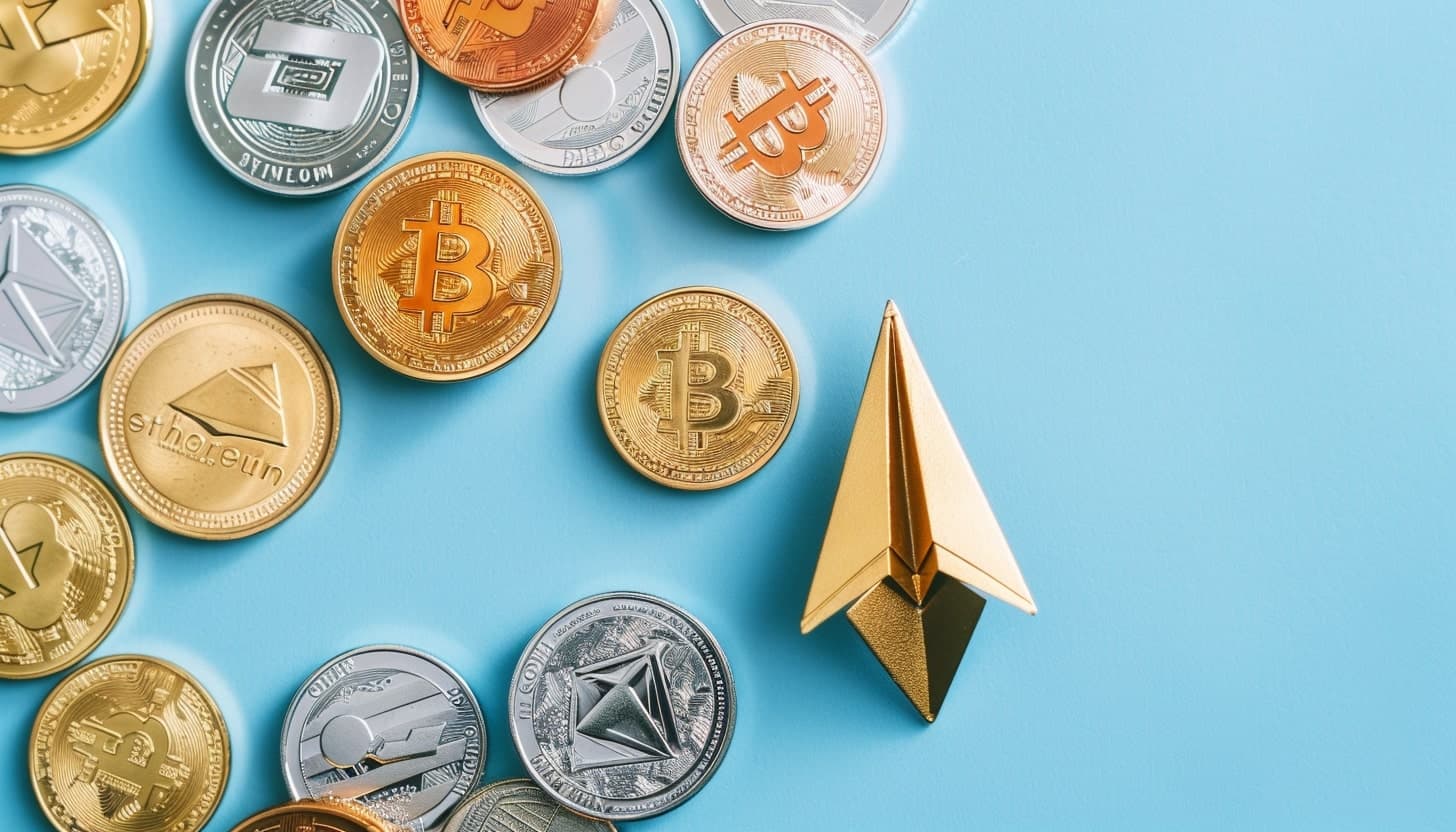 複数枚の仮想通貨と1つの紙飛行機