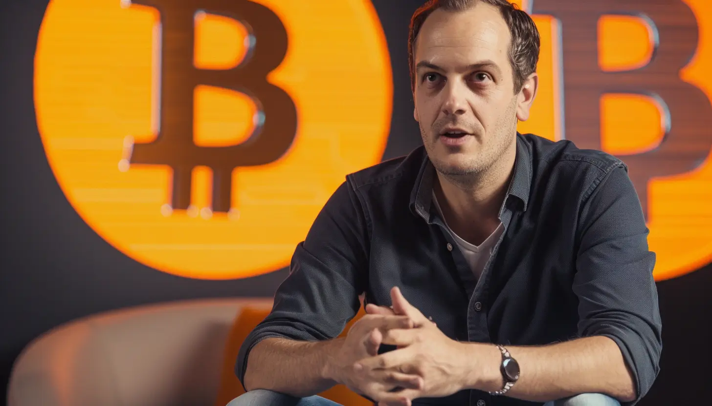 ビットコインのシンボルを背景に、男性がインタビューに応じている様子