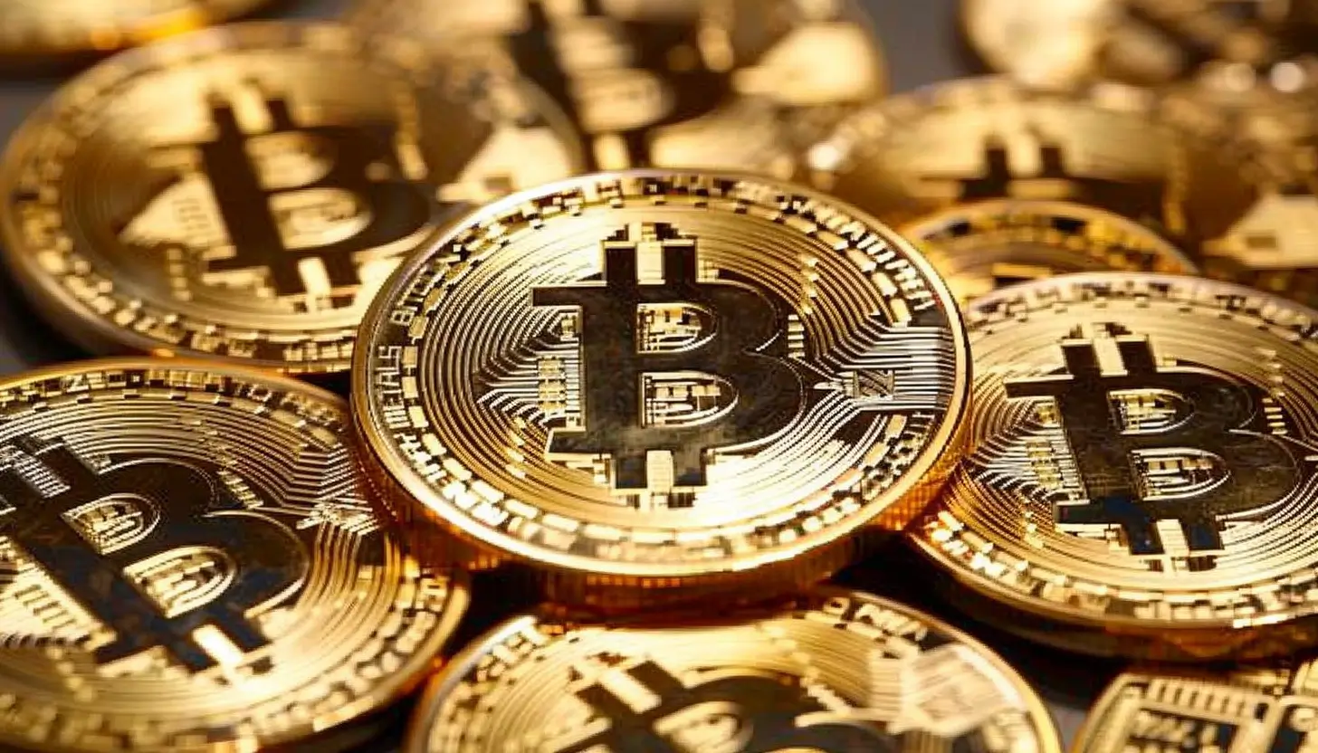 複数の金色のビットコインコインが散らばっている様子。