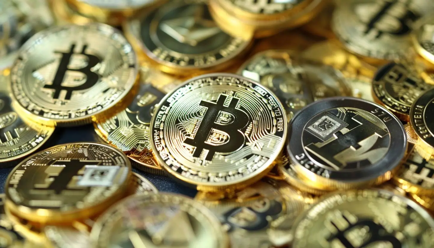 ビットコインや他の仮想通貨のコインが多数積み重なる様子。