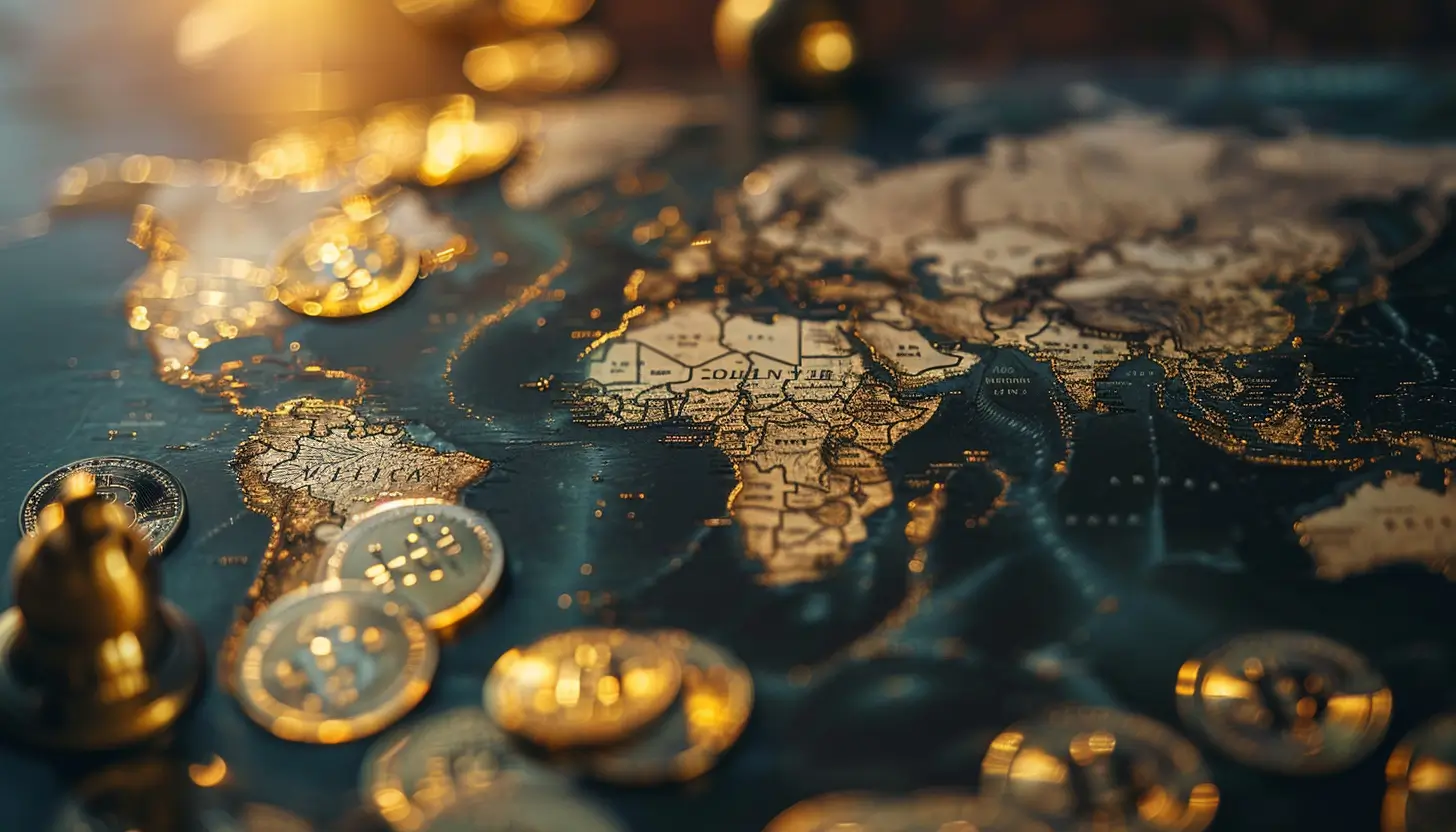 世界地図の上に散らばるビットコイン