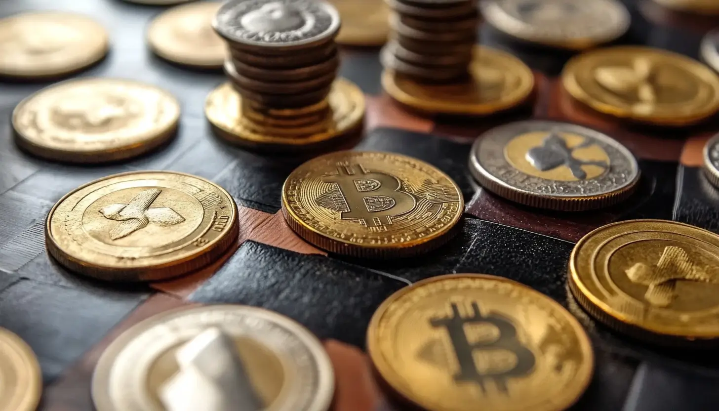 ビットコインやイーサリアムなど様々な仮想通貨のコインが並べられている様子