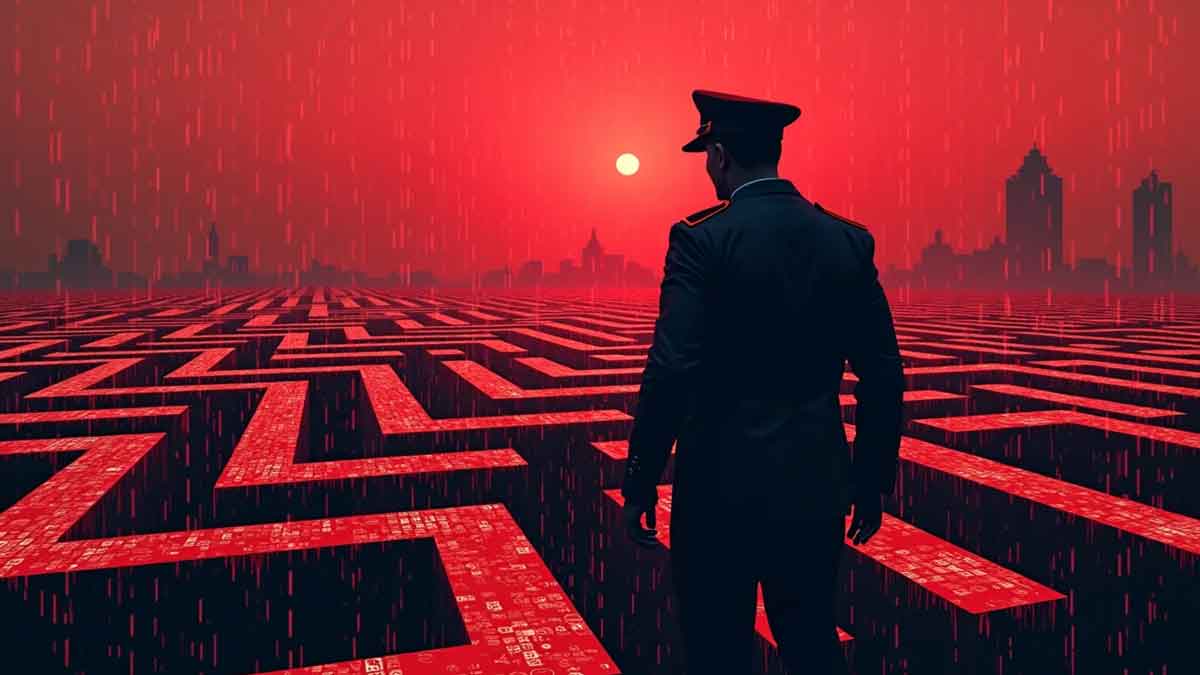 仮想通貨のシンボルで構成されたデジタル迷路を進む北朝鮮軍帽をかぶったハッカーのシルエット、赤いバイナリーコードが降り注ぎ、背景にはかすかな平壌のスカイライン