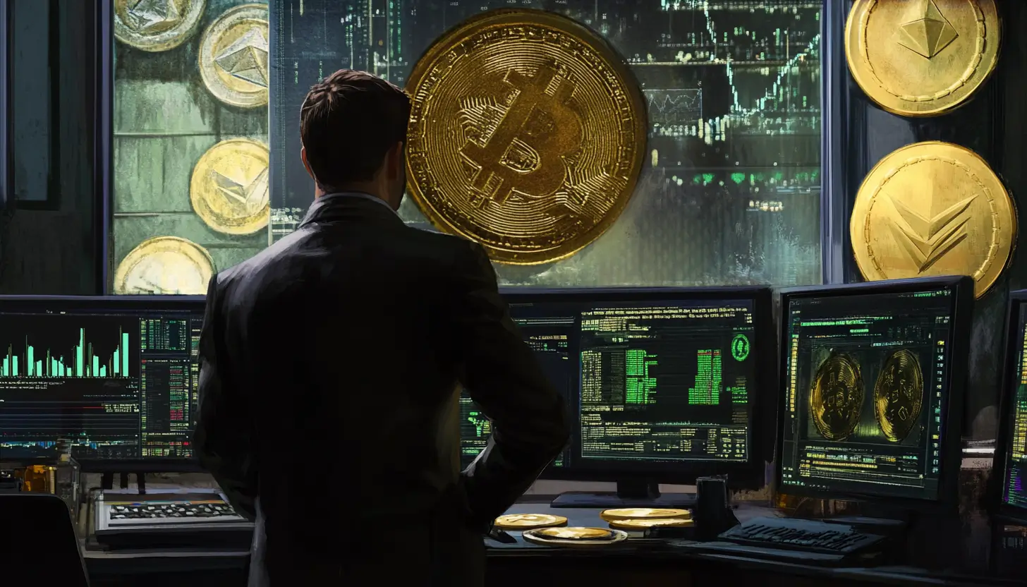 仮想通貨のシンボルと取引チャートに囲まれたトレーダーの後ろ姿