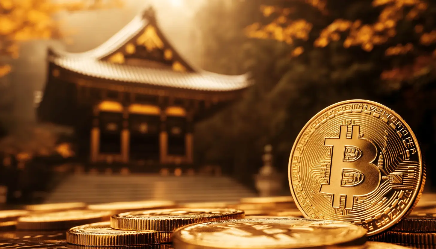 日本の寺院を背景に、金色のビットコイン実物大レプリカコインが複数枚重なって置かれている様子