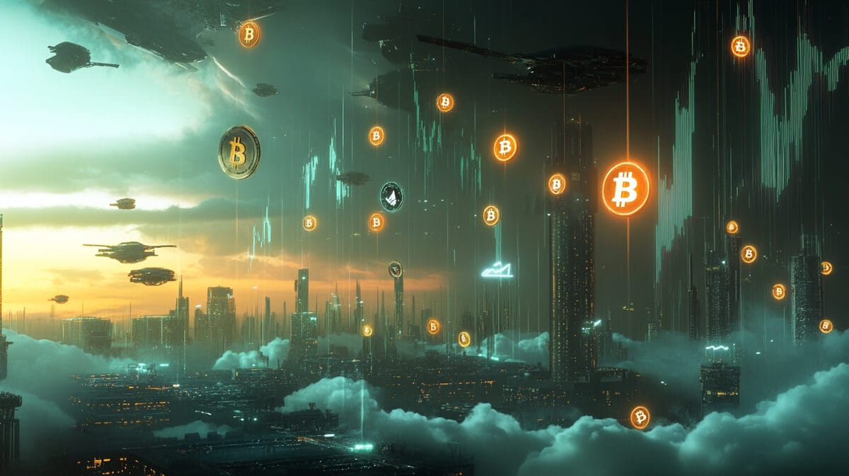 上空にビットコインなどの仮想通貨のシンボルが浮かぶ超高層未来都市