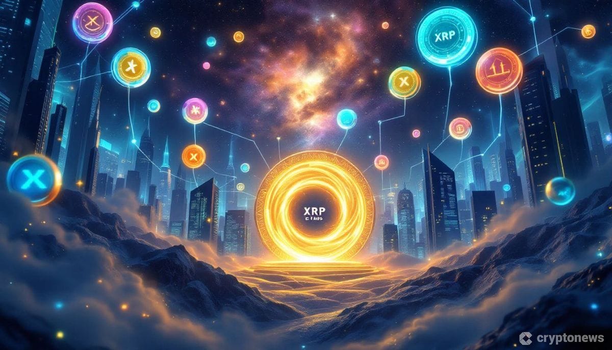 未来都市の夜景をバックに、XRPとSTARSのトークンが光る球体として浮かび、取引を表す青い光の線で繋がれている。