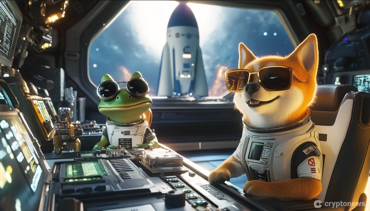 宇宙船を操縦するサングラスをかけたカエルと芝犬