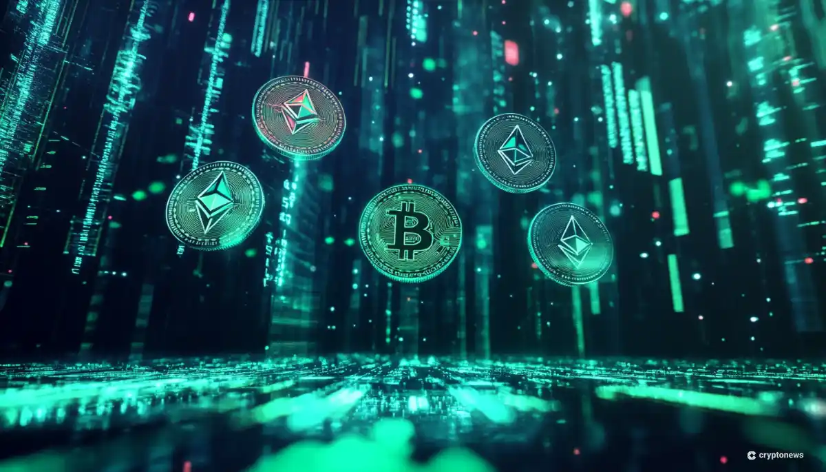 サイバー空間に浮かぶビットコインとイーサリアムのコイン。