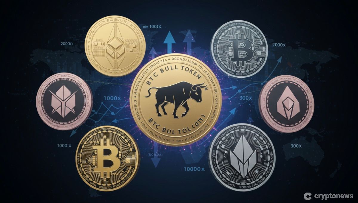 爆発的な成長が期待される7つの仮想通貨と中央に輝くBTC Bull Token