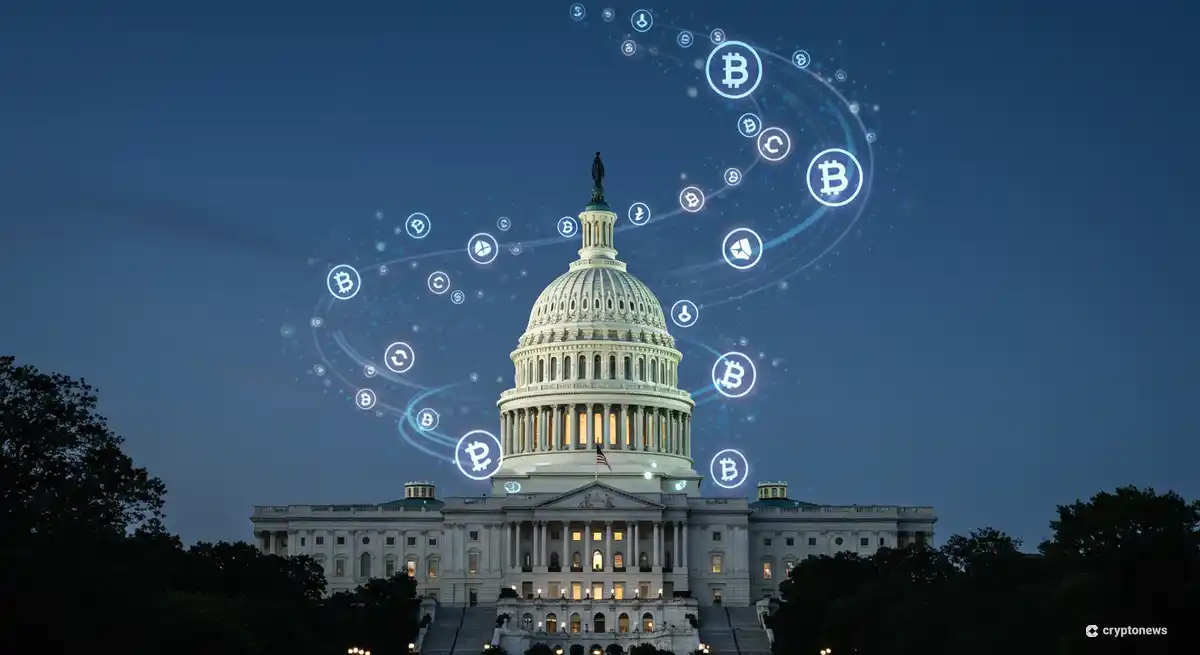 ステーブルコインのシンボルと米国議会議事堂のイラスト