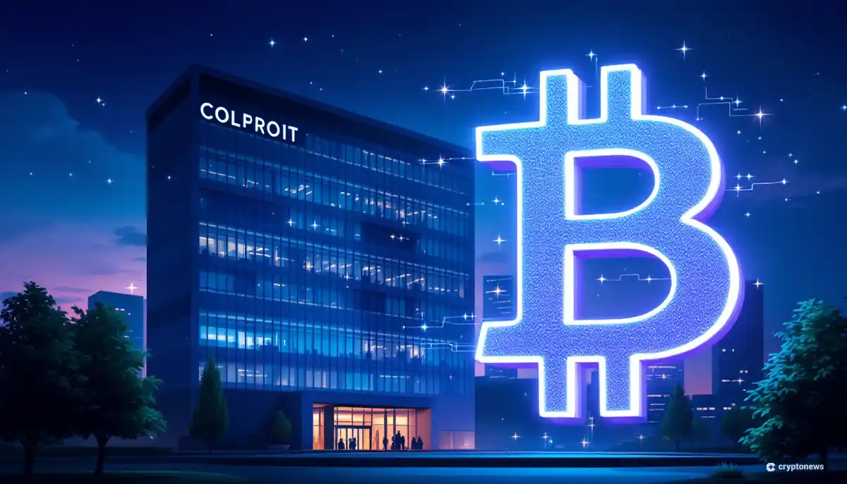 ビットコインシンボルと融合する近代的な企業ビル