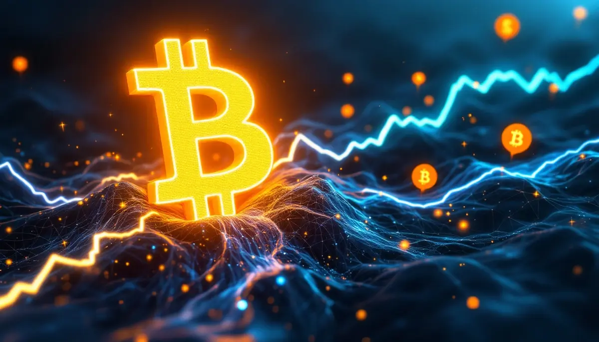 ETFからの資金流入を示す光の流れの中で上昇するビットコインと、追随する他の仮想通貨のシンボル