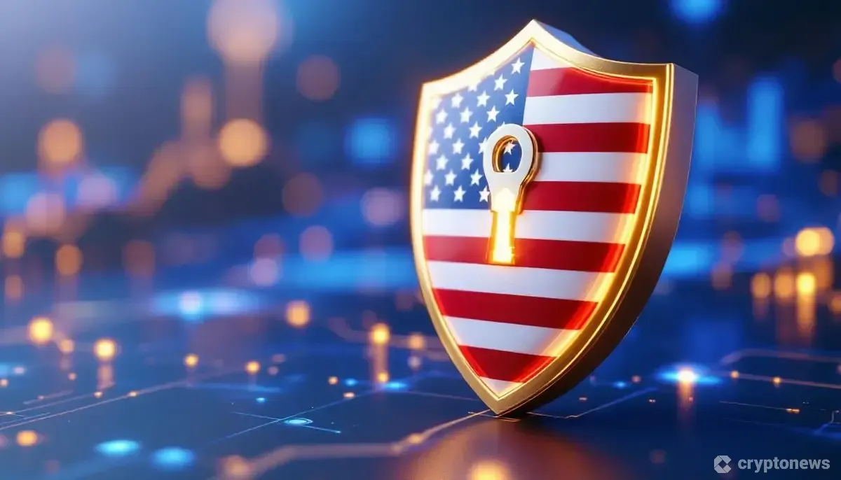 アメリカ国旗の描かれた盾が、輝くデジタルの鍵を守っている様子。背景にはブロックチェーンを象徴する未来的なデザインが描かれている。