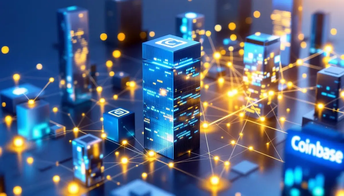 ブロックチェーンネットワークで結ばれた高層ビル群。企業の技術導入を象徴する未来的な画像。