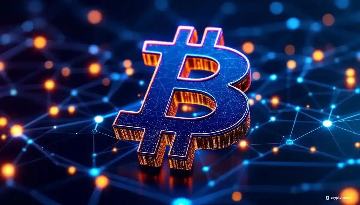 クラーケンのロゴを背景に、ネットワークに接続されるビットコインのシンボル。ステーキングを象徴する画像