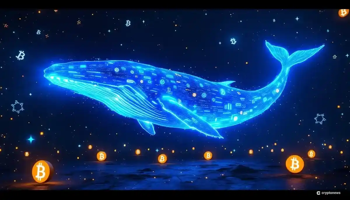 ビットコインのシンボルで構成された巨大なクジラがデジタル空間を泳ぎ、新しいアドレスにデータを送金している様子を表す3Dイラスト
