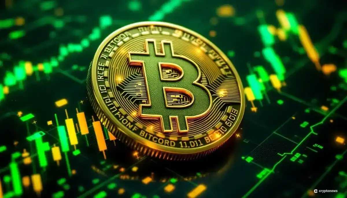 ビットコインのシンボルが史上最高値の11万ドルに向かって急上昇している様子を示す未来的なグラフィック