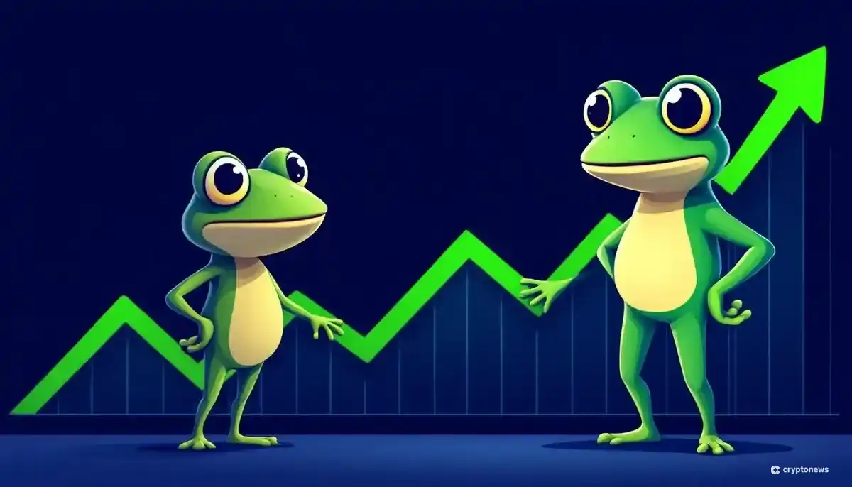 ミームコインPEPEのキャラクターと上昇するチャートを示すイラスト