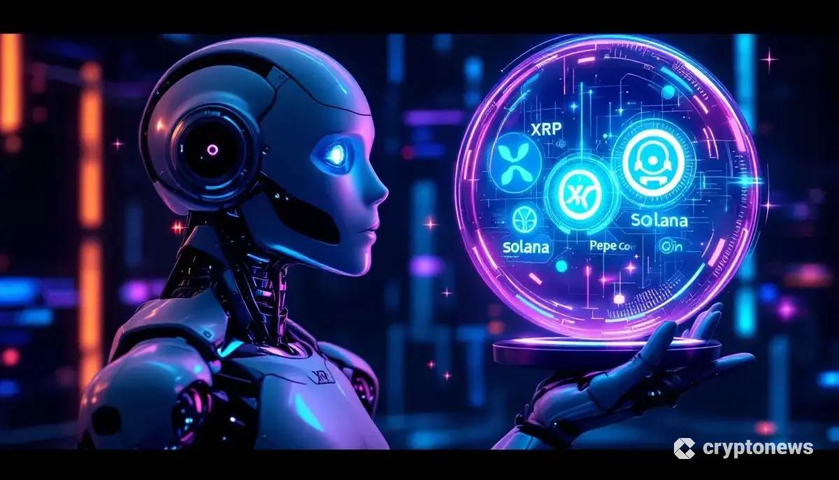 AIが仮想通貨の将来を予測している様子の未来的なイラスト。