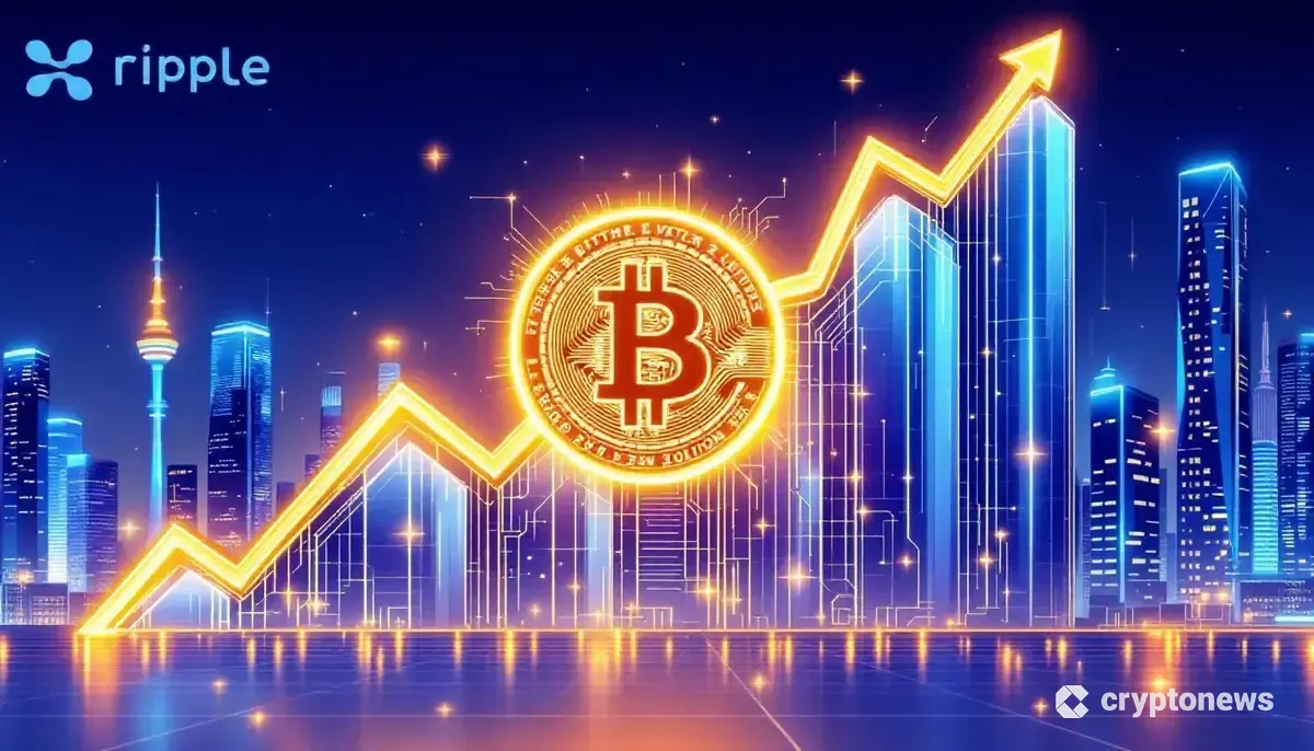 リップルのロゴが上昇するチャートと、ビットコインのレイヤー2ソリューションを象徴する未来的な回路図