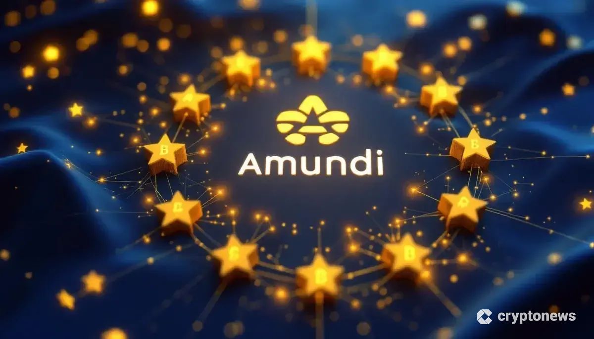 欧州連合の旗を背景に、アムンディのロゴとビットコインのシンボルが輝く未来的な金融イメージ。