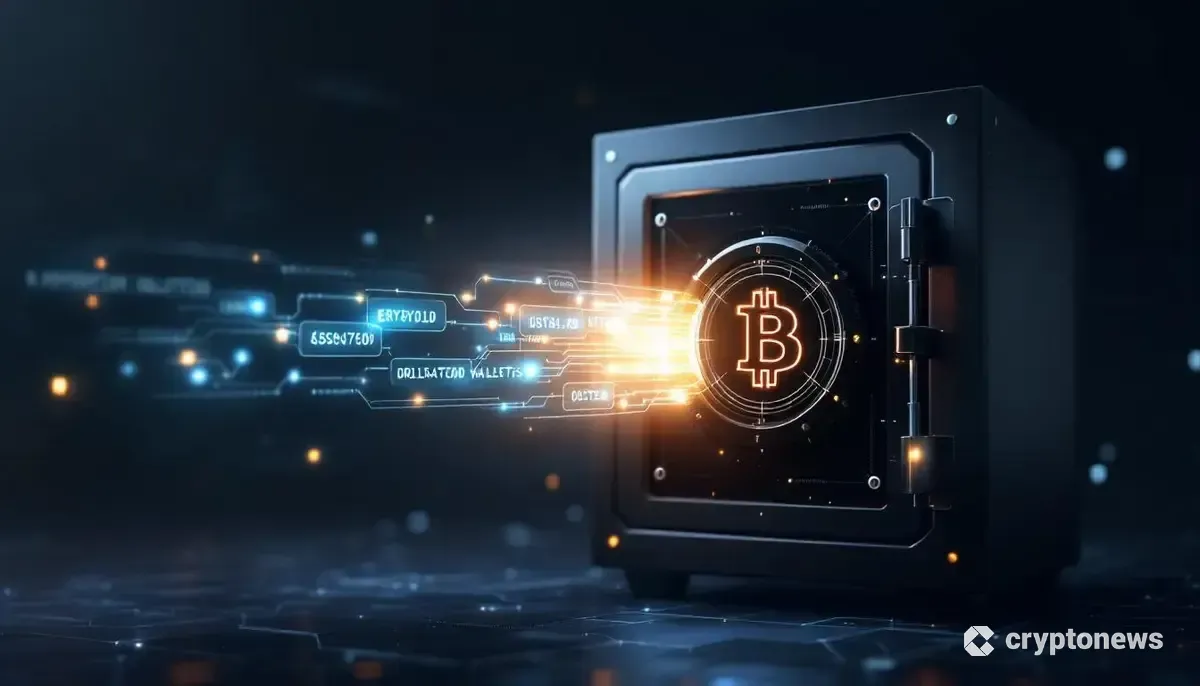 米国政府が管理するデジタル金庫から4つのウォレットにビットコインが送金される様子を示すCG画像。