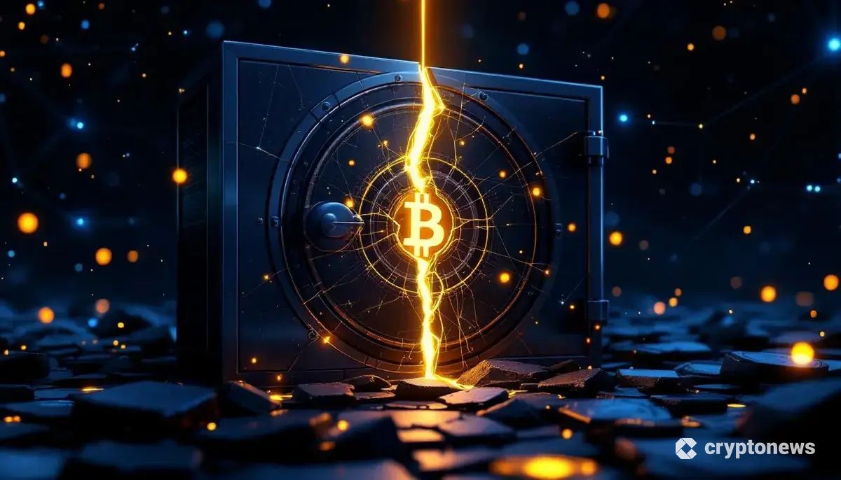 ひびの入ったデジタルの金庫からビットコインのシンボルが光とともに現れる様子。マウントゴックスの返済問題を象徴している。