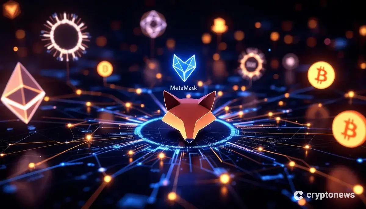 MetaMaskのロゴを中心に、複数のブロックチェーンネットワークが繋がる未来的なイメージ。