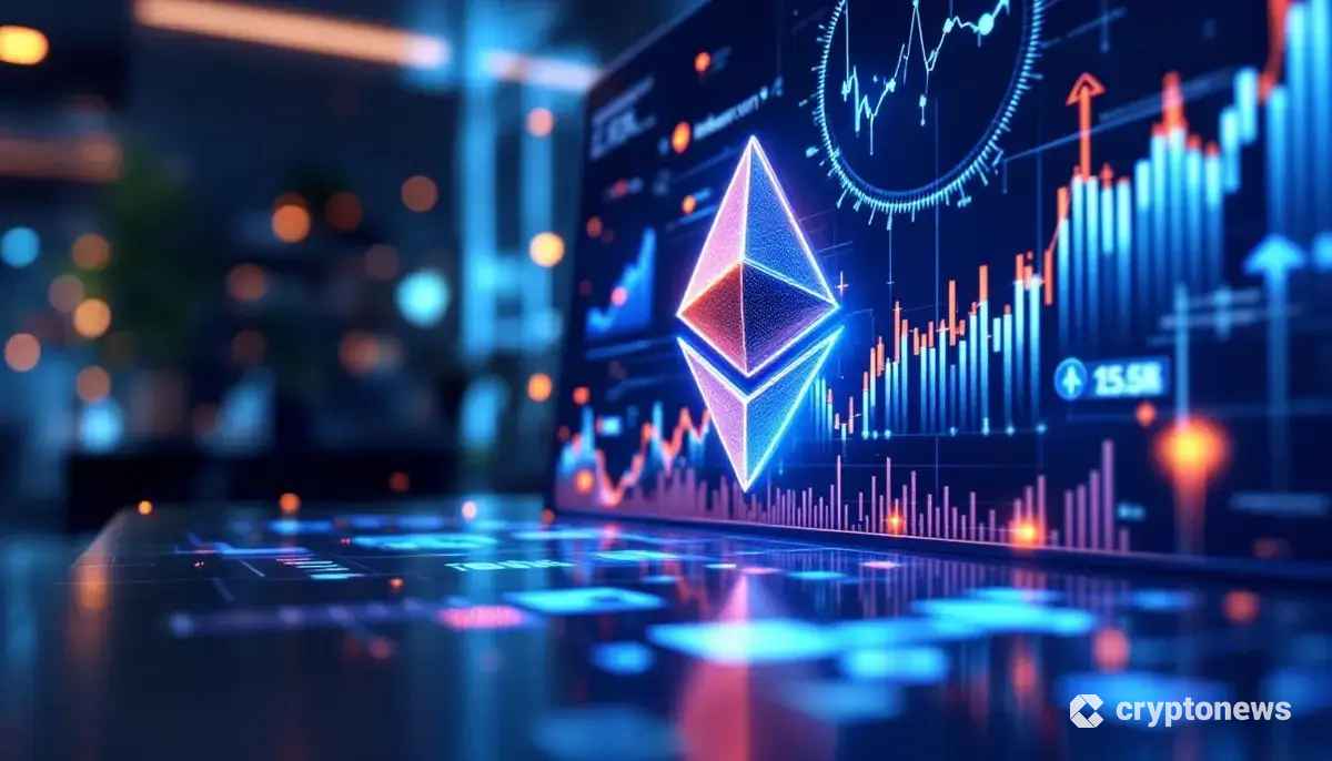 イーサリアムのシンボルと上昇するチャートを表示する近未来的な金融投資ダッシュボード