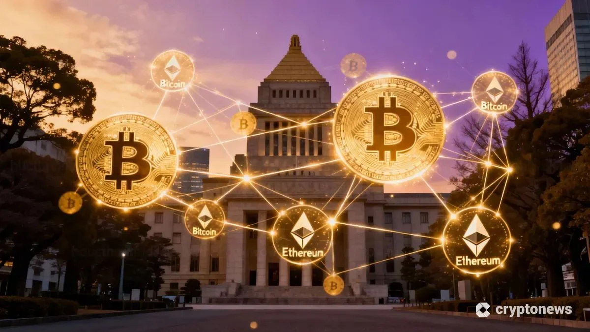 日本の国会議事堂の上空に浮かぶビットコインとイーサリアムのロゴネットワーク