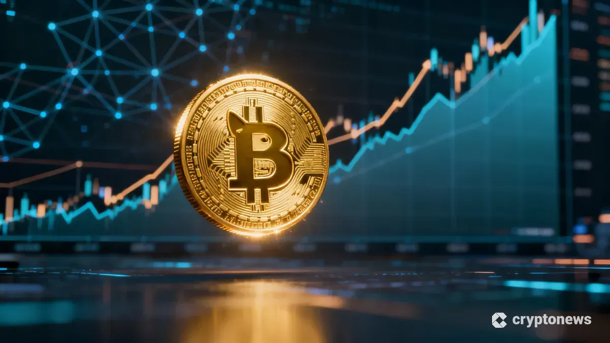 ドージコイン(DOGE)のエンブレムと背景に上昇するチャートが表示された画像