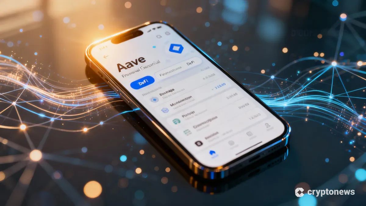 スマートフォンに表示されたAaveのアプリ画面と、周囲に流れるデジタルネットワークの抽象的な光
