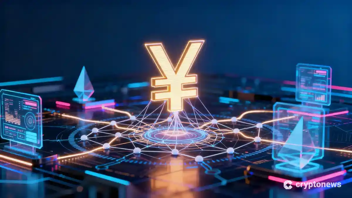 ブロックチェーンネットワークに接続された日本円のシンボルとデジタル決済インターフェース