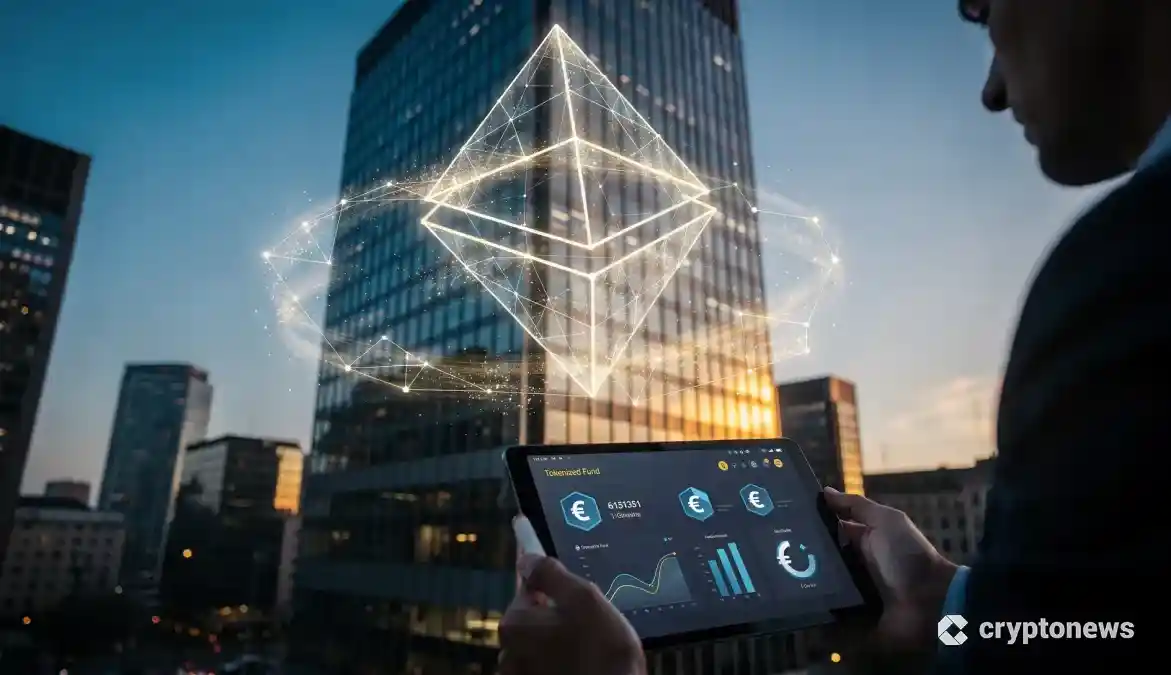 イーサリアムブロックチェーンと統合された欧州の金融ビルのイメージ