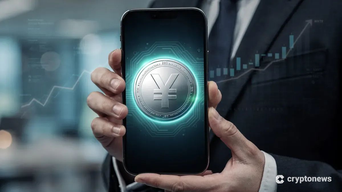 スマートフォンの画面上に表示された日本円ステーブルコインのイメージと、ビジネスの成長を示唆する背景